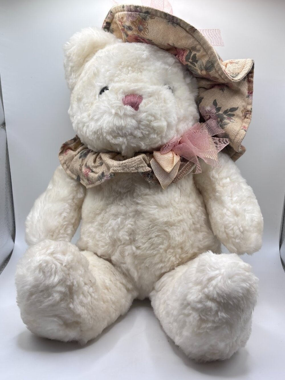 White Victorian Style Cottage Core 14" Stuffed Animal Teddy Bear Pre Owned Vtg